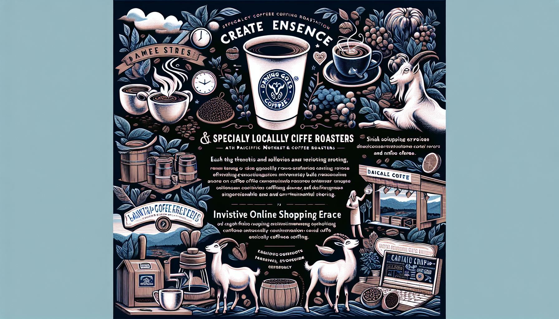 A visually rich illustration featuring coffee elements, including steaming cups, beans, and brewing tools, surrounded by leaves, a goat, and various coffee-related text. Highlighted are themes of specialty coffee roasting, local sourcing, and online shopping, with stylized graphics and playful design elements.