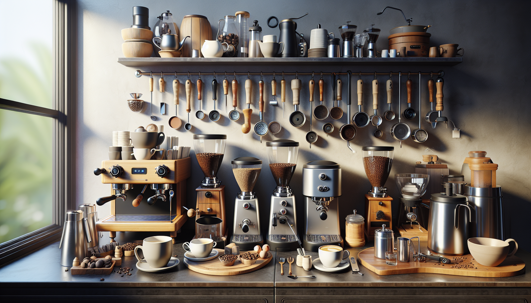 A well-organized coffee station featuring an espresso machine, several coffee grinders, and various brewing tools. The countertop is adorned with cups, a wooden serving tray of coffee beans, and a variety of utensils hanging above. Natural light filters in through a window, illuminating the scene.