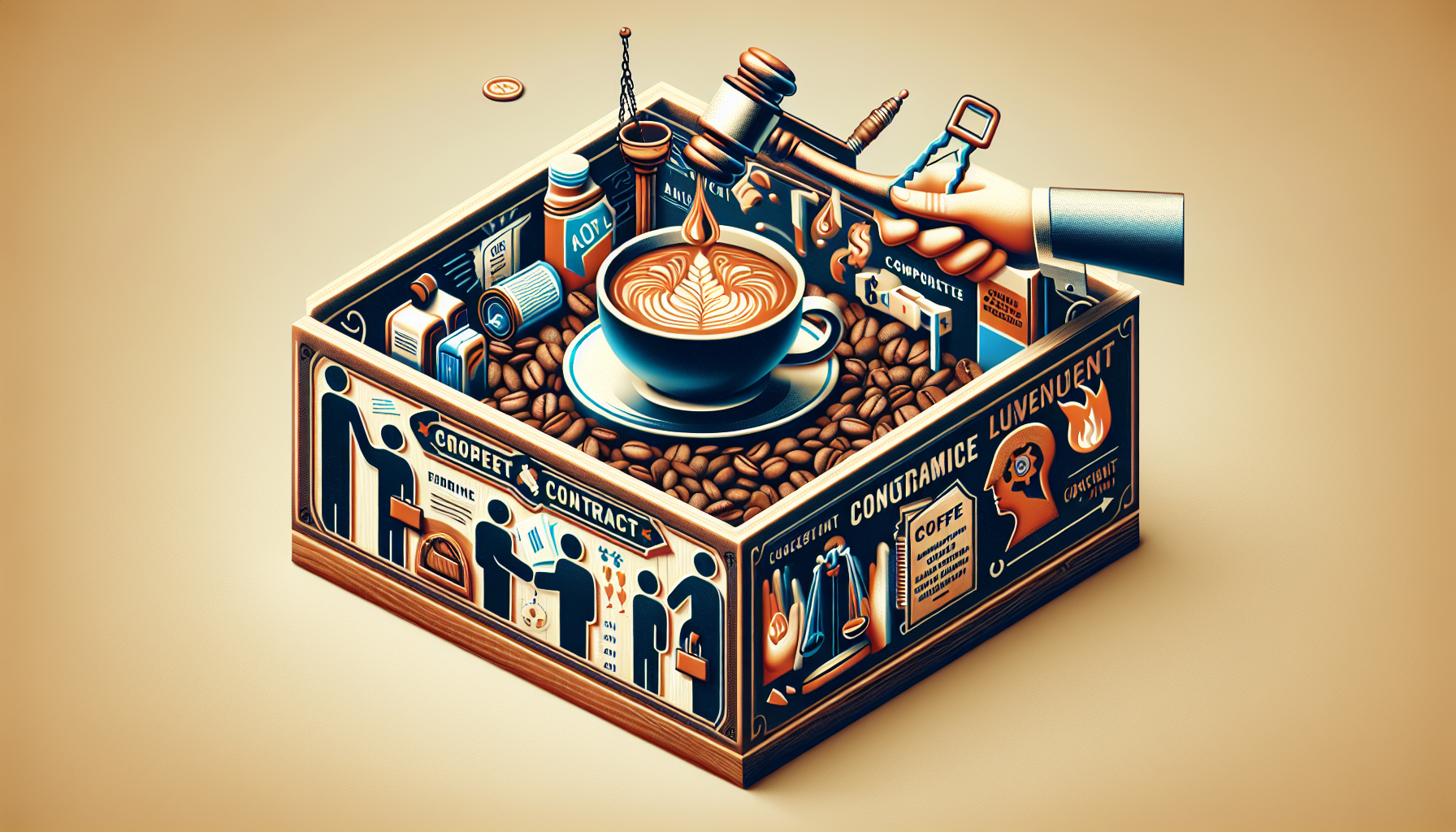 An artistic box filled with coffee beans, featuring a central cup of latte with a leaf design on top. Surrounding the cup are various coffee-related items like bottles and a scale, while images of figures engaging in contracts and discussions are depicted on the box's sides. A hand with a gavel is seen above, suggesting themes of trade and legality in the coffee industry.