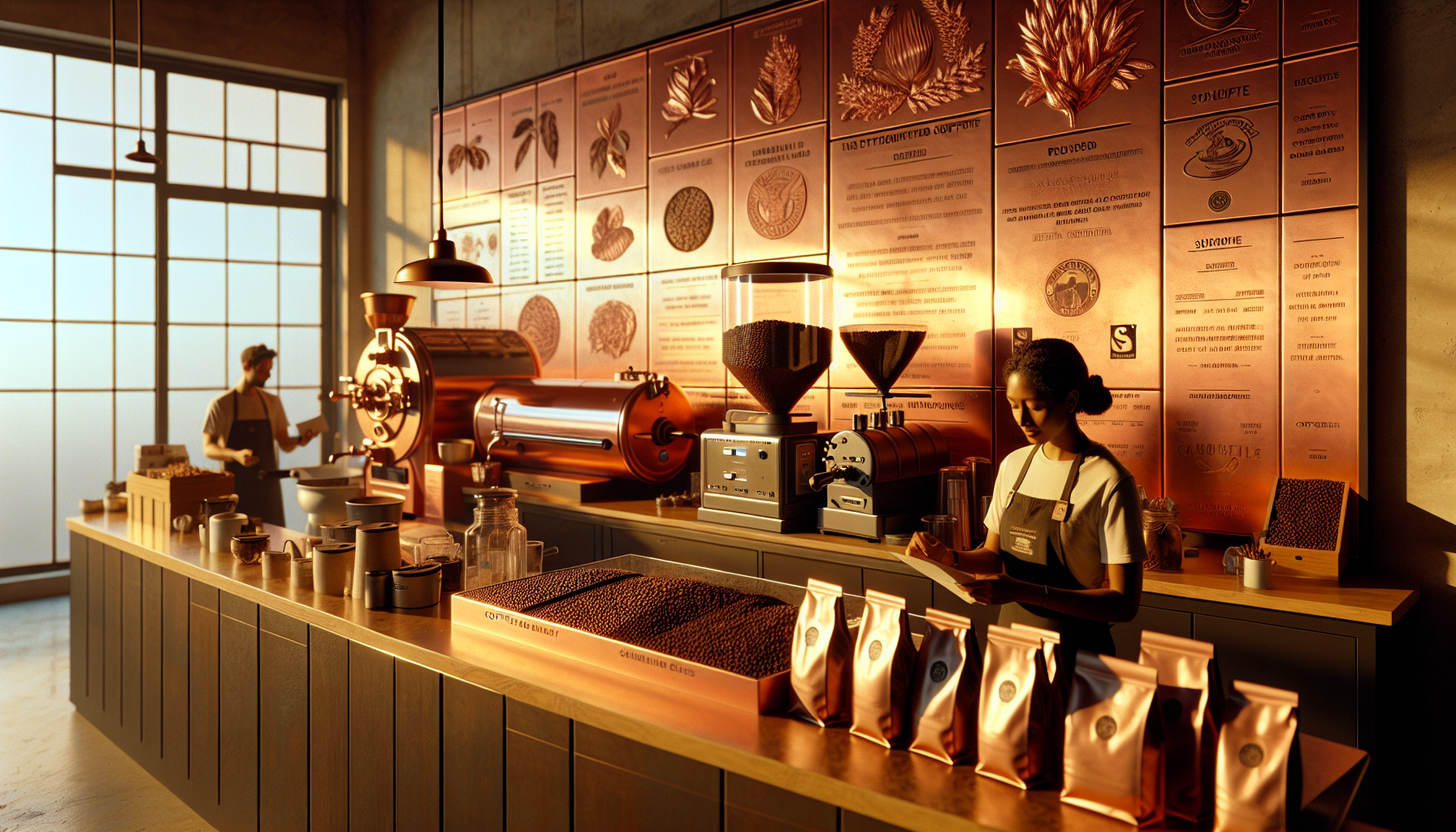 A stylish coffee shop interior featuring a wooden counter with various coffee brewing equipment, including a large coffee roaster, a grinder, and bags of coffee beans. A barista, a woman with curly hair, is reading a document while another person, a man in an apron, operates the roaster in the background. The wall displays copper panels with information about coffee types and brewing techniques, illuminated by warm sunlight filtering through large windows.