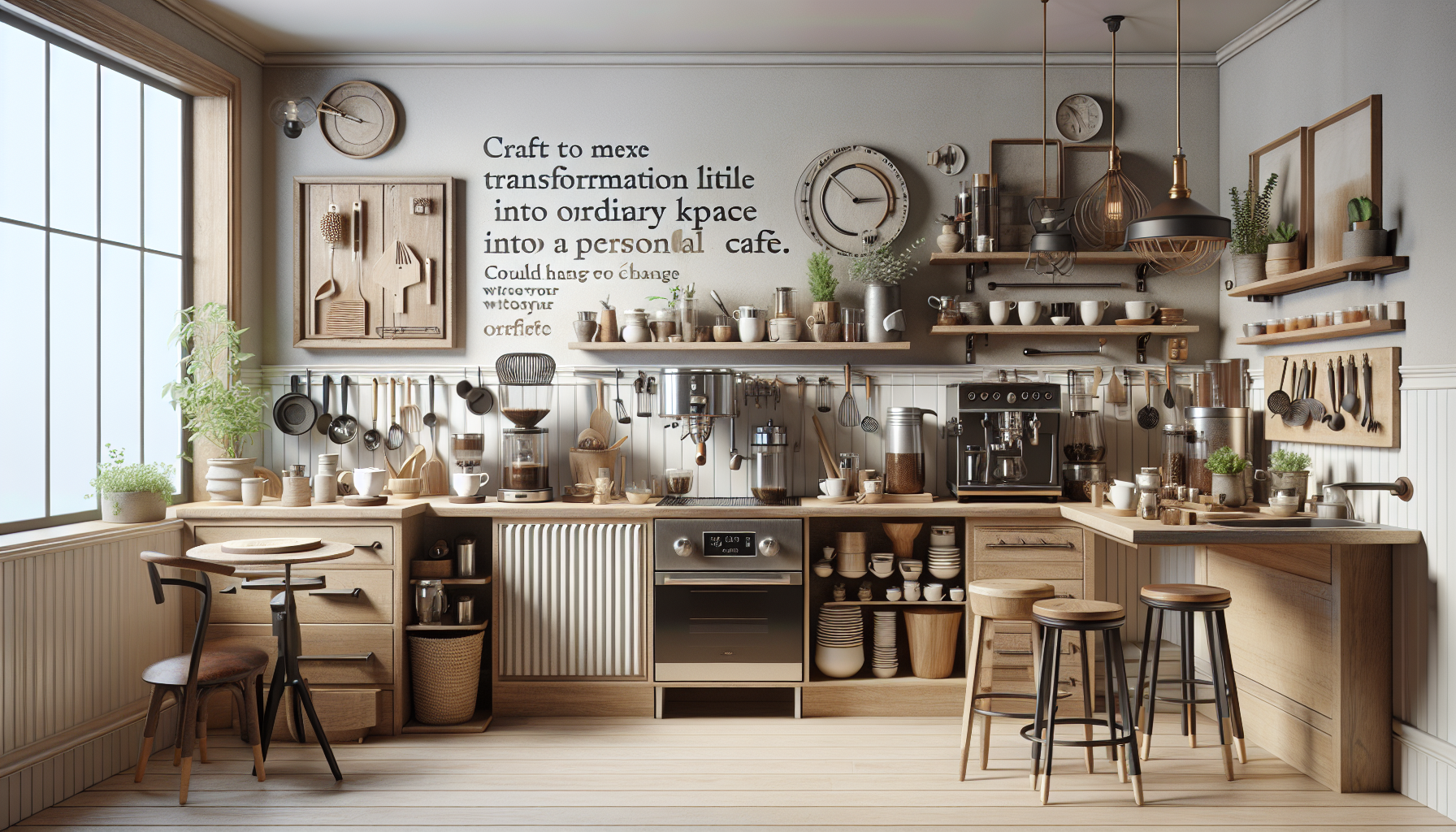 A cozy, modern kitchen featuring wooden cabinets, shelves filled with various utensils, pots, and coffee-making equipment. A small round table with a chair sits by the window, surrounded by greenery. The wall displays a clock and text about transforming ordinary spaces into personal cafes, while the overall aesthetic emphasizes warmth and functionality.