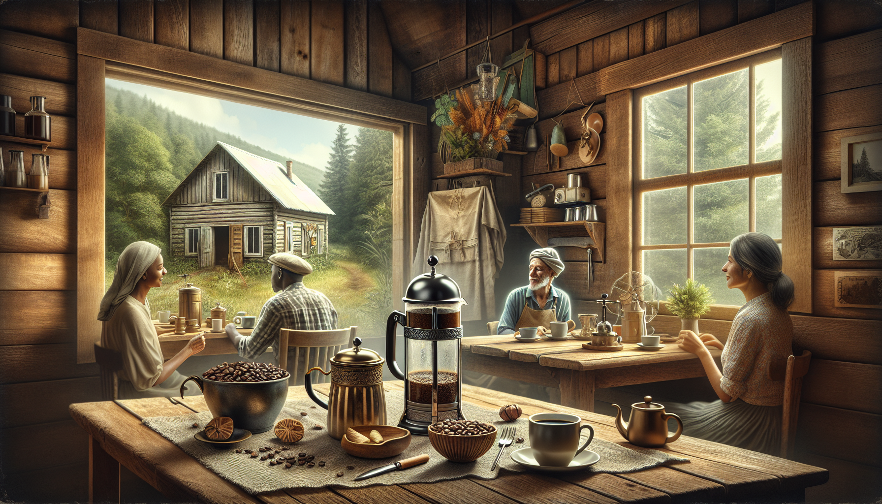 A cozy interior scene of a rustic wooden cabin with a four-person gathering around a table, enjoying coffee and pastries. A large window reveals a picturesque view of a small, old cabin surrounded by greenery and trees. The table is adorned with coffee pots, cups, and a bowl of coffee beans, while sunlight streams in, adding warmth to the inviting atmosphere.