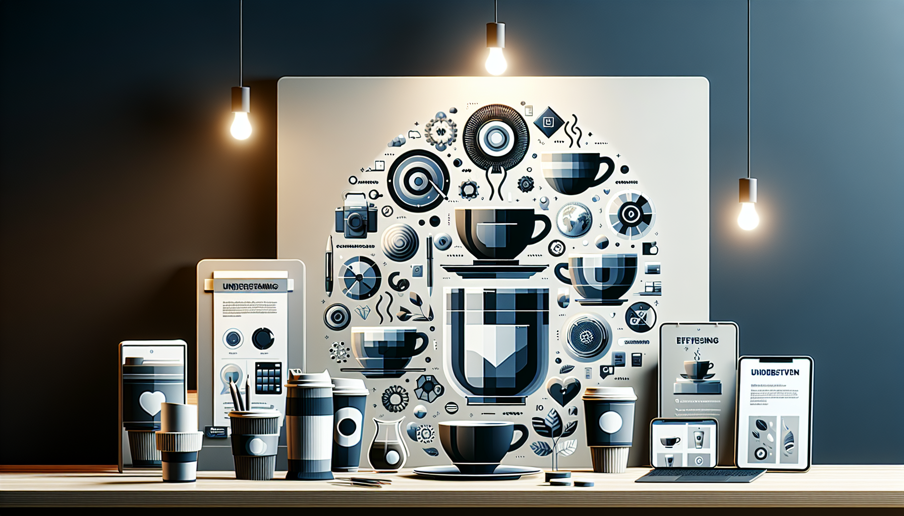 A modern workspace featuring various coffee-themed items, including coffee cups, mobile devices, and tablets. The background displays a large graphic design composed of coffee-related icons and symbols. Two hanging light bulbs illuminate the scene against a dark wall.