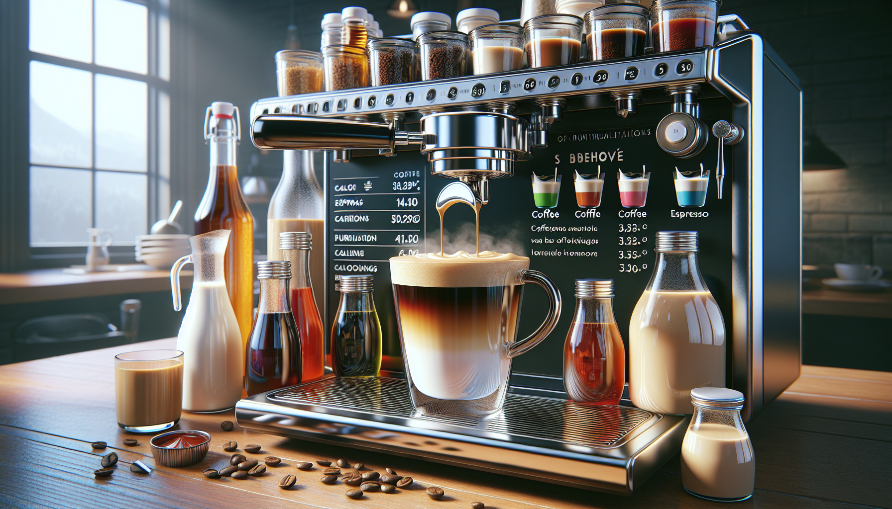 A coffee machine brewing a cup of coffee, with various bottles of syrups and milk beside it, and a chalkboard displaying drink options and prices. The scene is set in a cozy kitchen with sunlight filtering through a window, highlighting coffee beans scattered on the wooden table.