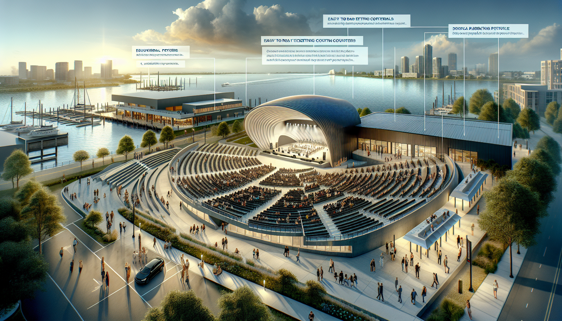 An aerial view of a contemporary amphitheater near a waterfront, featuring a large stage and tiered seating filled with an audience. Surrounding the amphitheater are lush trees, pathways with pedestrians, and a parking area, along with modern buildings and a marina visible in the background under a partly cloudy sky.