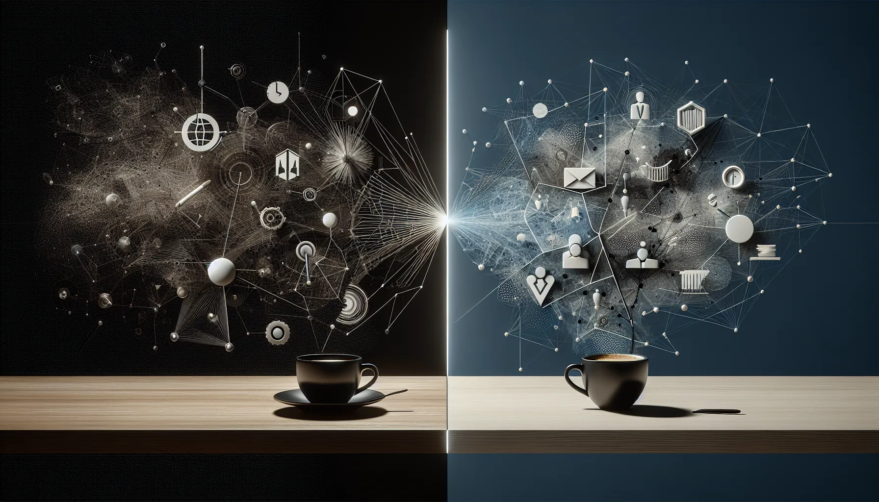 A wooden table displays two black coffee cups, one on each side. On the left, a dark background features a chaotic web of abstract icons like gears, globes, and arrows, representing technology and data. On the right, a lighter blue background contrasts with a more organized arrangement of icons representing communication and social aspects, such as people, messages, and charts. A bright line divides the two sides, symbolizing a connection between different concepts.