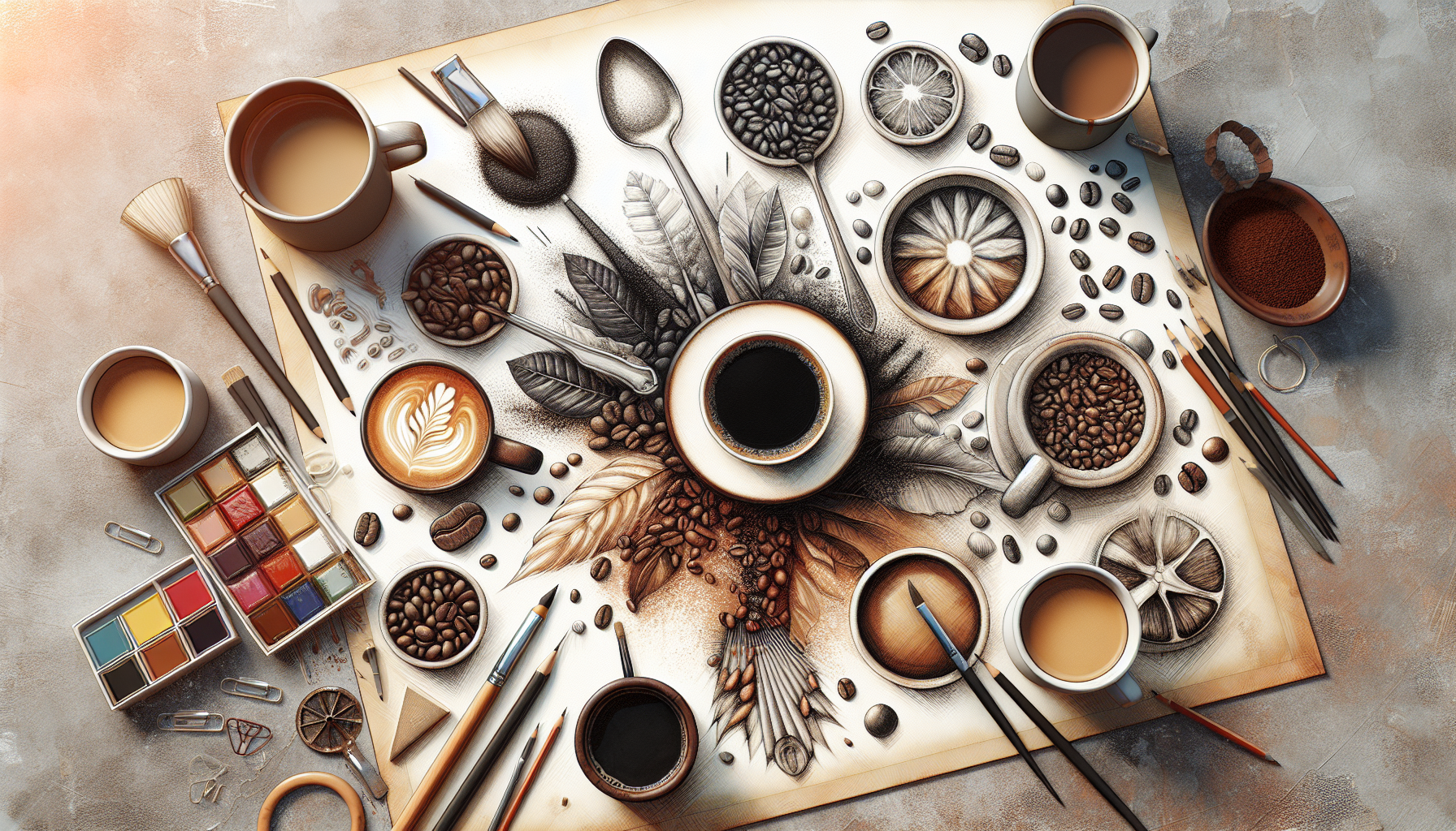 An artistic arrangement featuring various coffee-related items, including several cups of coffee, coffee beans, a frothy latte with a leaf design, and an array of art supplies like paintbrushes, colored pencils, and a palette of paints. The background includes leaves and spices, creating an organic, colorful composition.