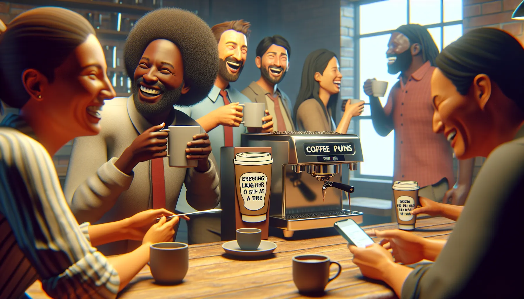 A lively group of six people, with diverse appearances, gather around a wooden table enjoying coffee. They are all laughing and sharing moments, with two individuals holding mugs and one checking a phone. An espresso machine labeled 