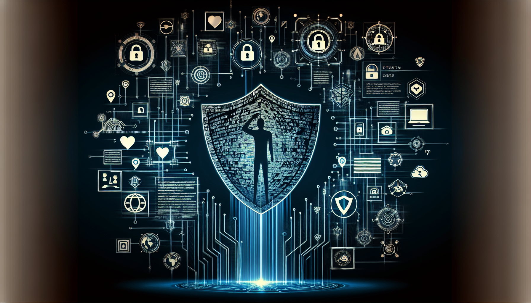 A digital illustration featuring a silhouette of a person standing in a shield shape, surrounded by various icons related to cybersecurity, data protection, and technology, against a dark background. The icons include locks, hearts, global symbols, and network elements, all interconnected with glowing lines.