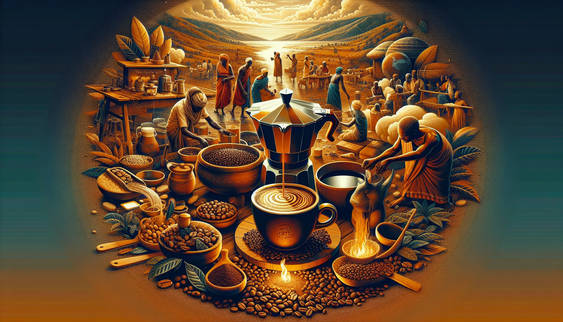 A vibrant and detailed scene depicting the process of coffee-making, featuring various individuals engaged in activities around coffee beans and traditional tools. In the foreground, a moka pot pours coffee into a cup surrounded by coffee beans and spices. The background shows people working, a scenic landscape with hills and a lake, and elements like jars, pots, and foliage, all bathed in warm, golden hues.