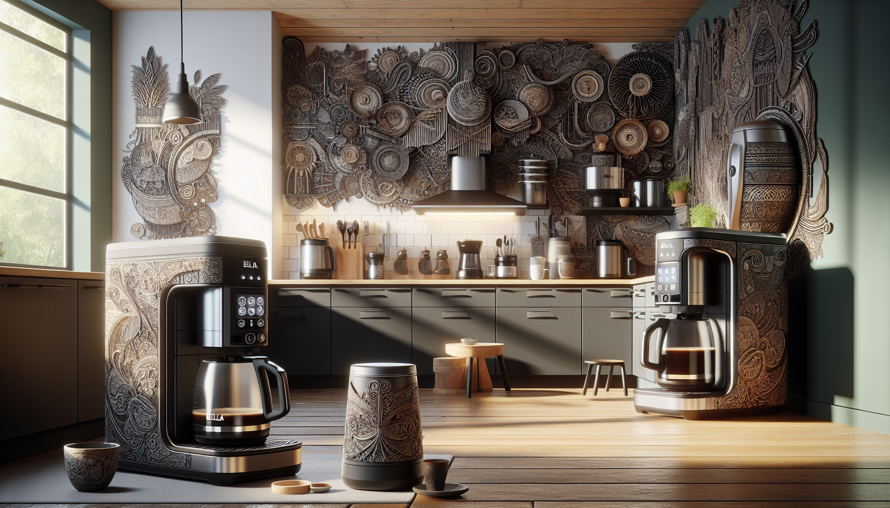 A modern kitchen with intricate carved wood paneling on the walls, featuring two stylish coffee machines adorned with ornate designs. Sunlight streams through large windows, illuminating the space that includes dark cabinetry, a wooden countertop, kitchen utensils, and small decorative items like cups and a stool.