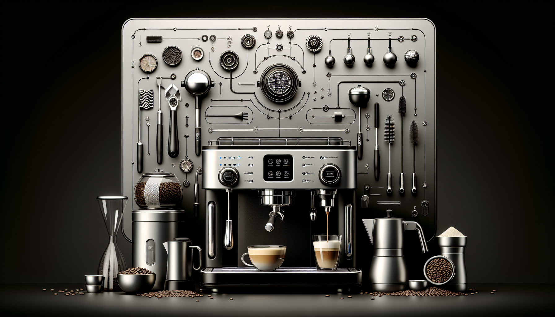 A sleek, modern espresso machine with two glasses of coffee sits in front of a stylish metallic backdrop adorned with various coffee-making tools and accessories, including a coffee grinder, milk frother, and containers of coffee beans and sugar. The dark gradient background enhances the polished, high-tech look of the setup.