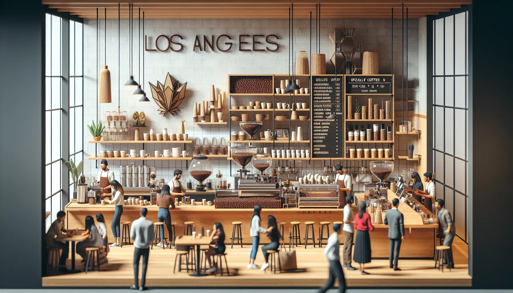 A modern coffee shop interior featuring a large counter with baristas preparing drinks. The wall displays the text 