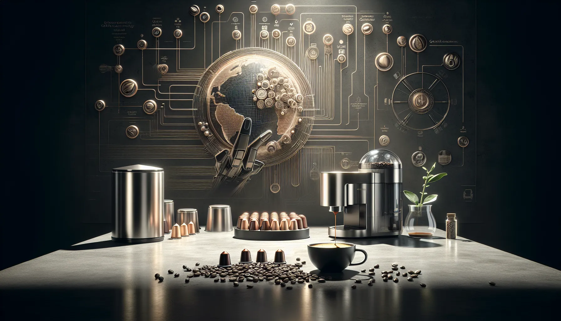 A sleek, modern coffee setup featuring a coffee machine, neatly arranged coffee capsules, a cup of freshly brewed coffee, and scattered coffee beans on a countertop, with a backdrop of a stylized world map and circuit-like design elements. A small plant adds a touch of greenery.