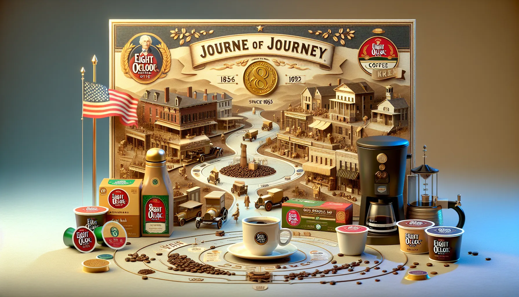 A stylized coffee-themed display featuring a vintage backdrop titled 