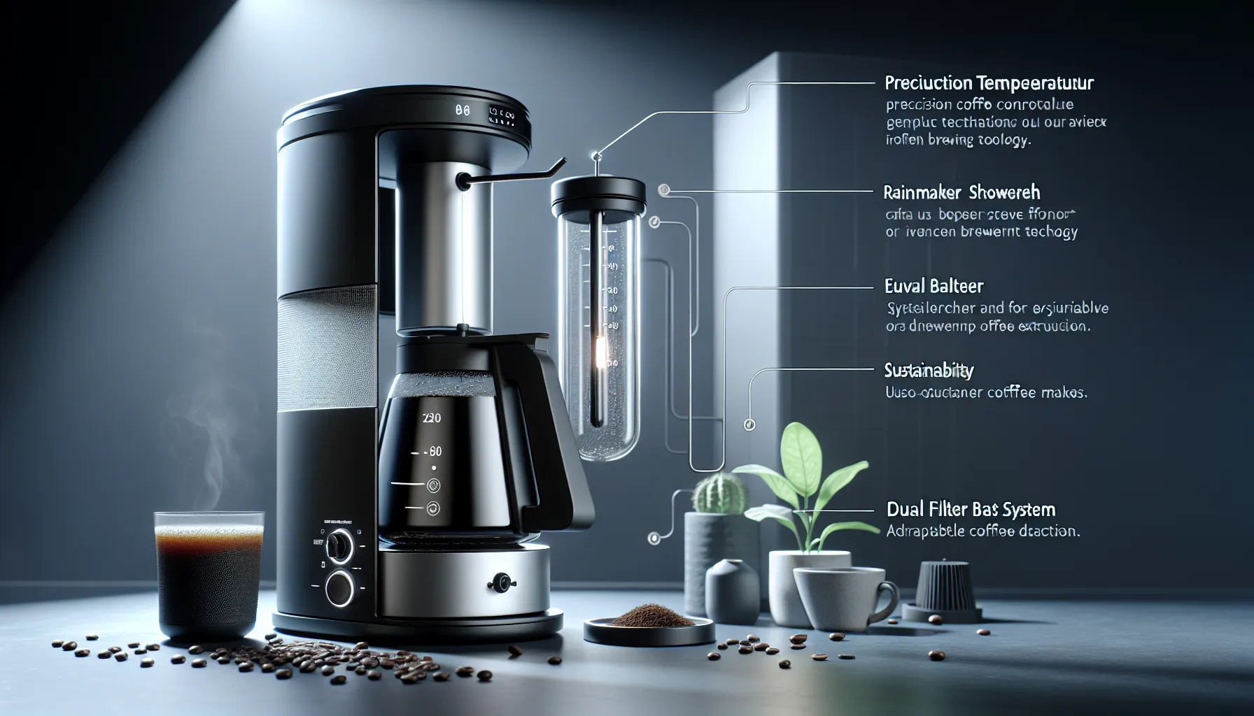 A sleek, modern coffee maker sits on a countertop beside a glass of steaming coffee and scattered coffee beans. The machine features a transparent brewing chamber and a digital display, with various labeled components highlighting features like precision temperature control, a rainmaker shower head, dual filter system, and sustainability focus. Green plants and minimalist accessories add a stylish touch to the setting.