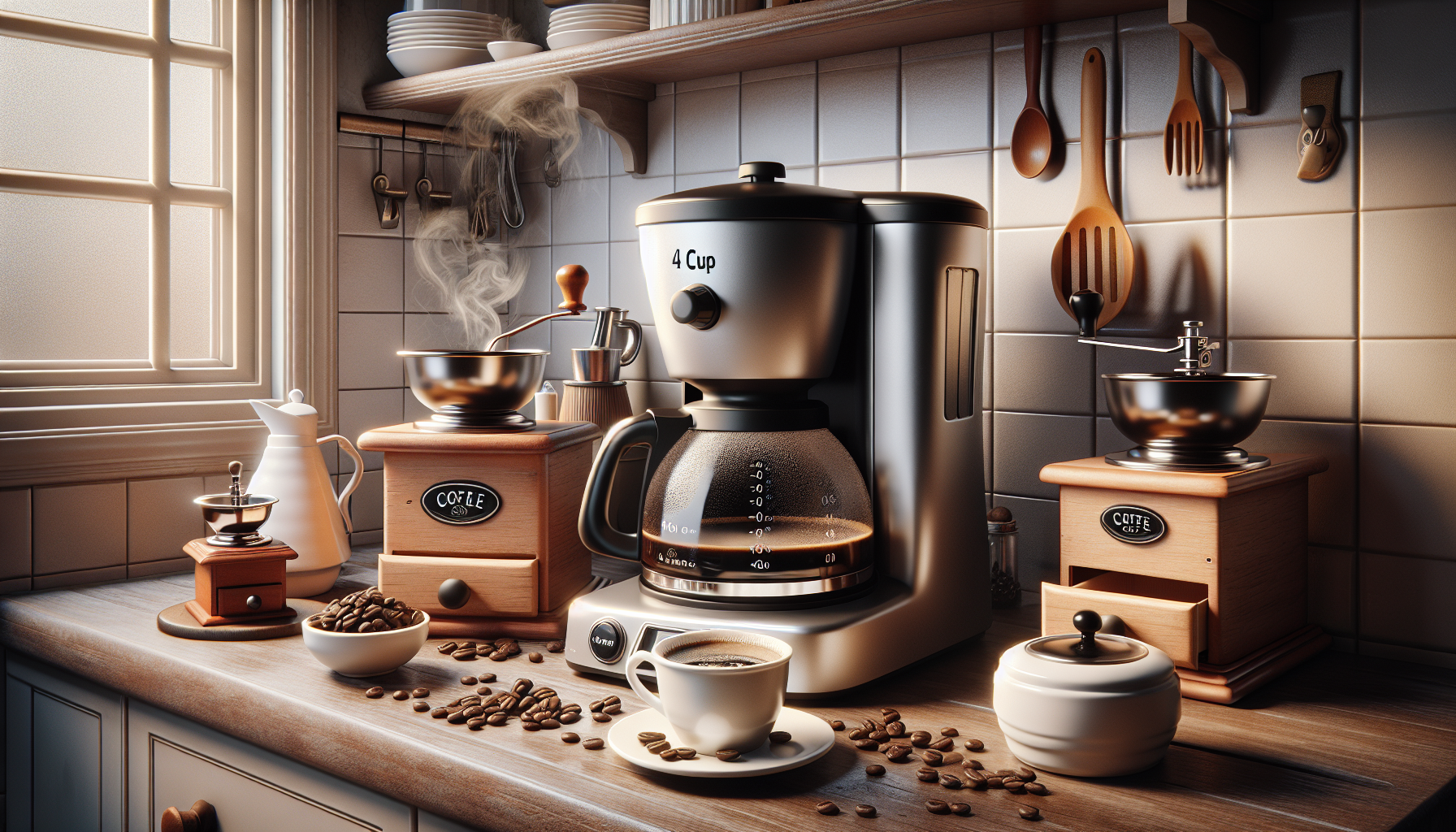 A cozy kitchen scene featuring a coffee maker, a steaming cup of coffee on a saucer, and two coffee grinders on a wooden countertop. Surrounding coffee beans are scattered on the surface, and the background includes shelves with plates and wooden utensils hanging on the wall.