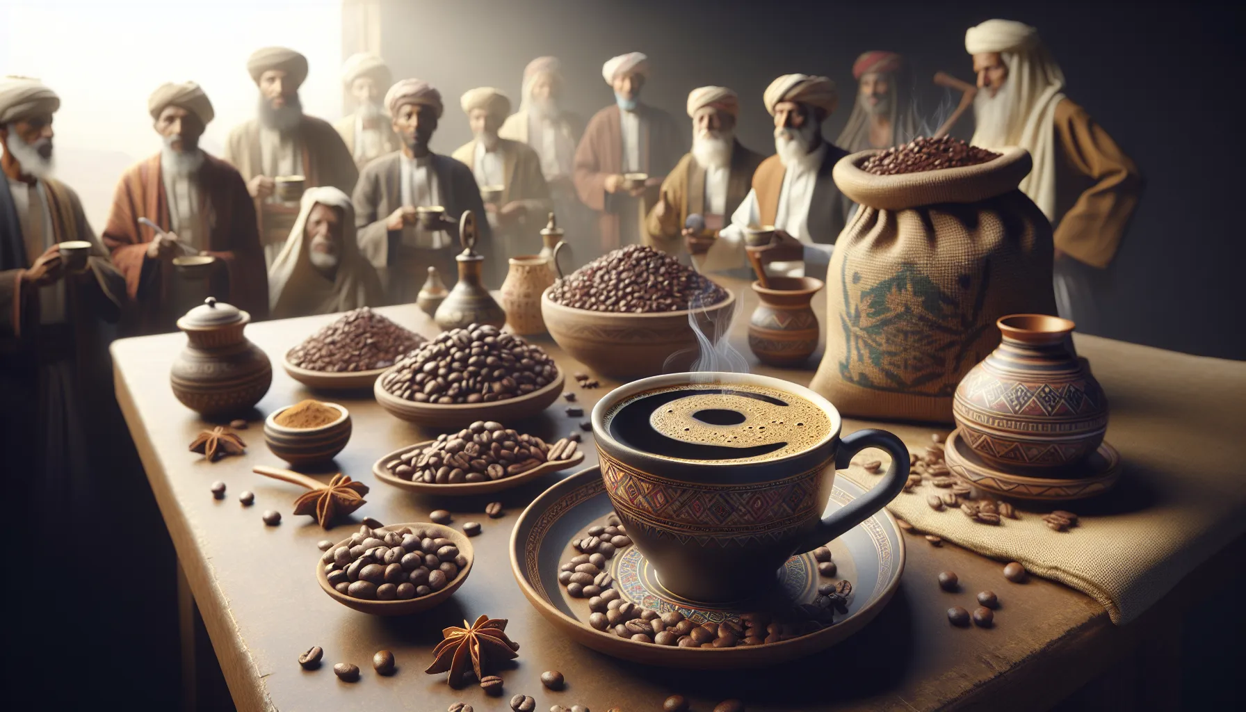 A steaming cup of qamaria coffee is surrounded by aromatic coffee beans and traditional pottery, with a gathering of people dressed in historical attire in the background.