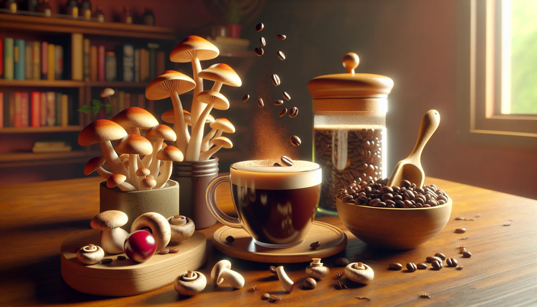 A cozy setup featuring ryze mushroom coffee with mushrooms and coffee beans on a wooden table.