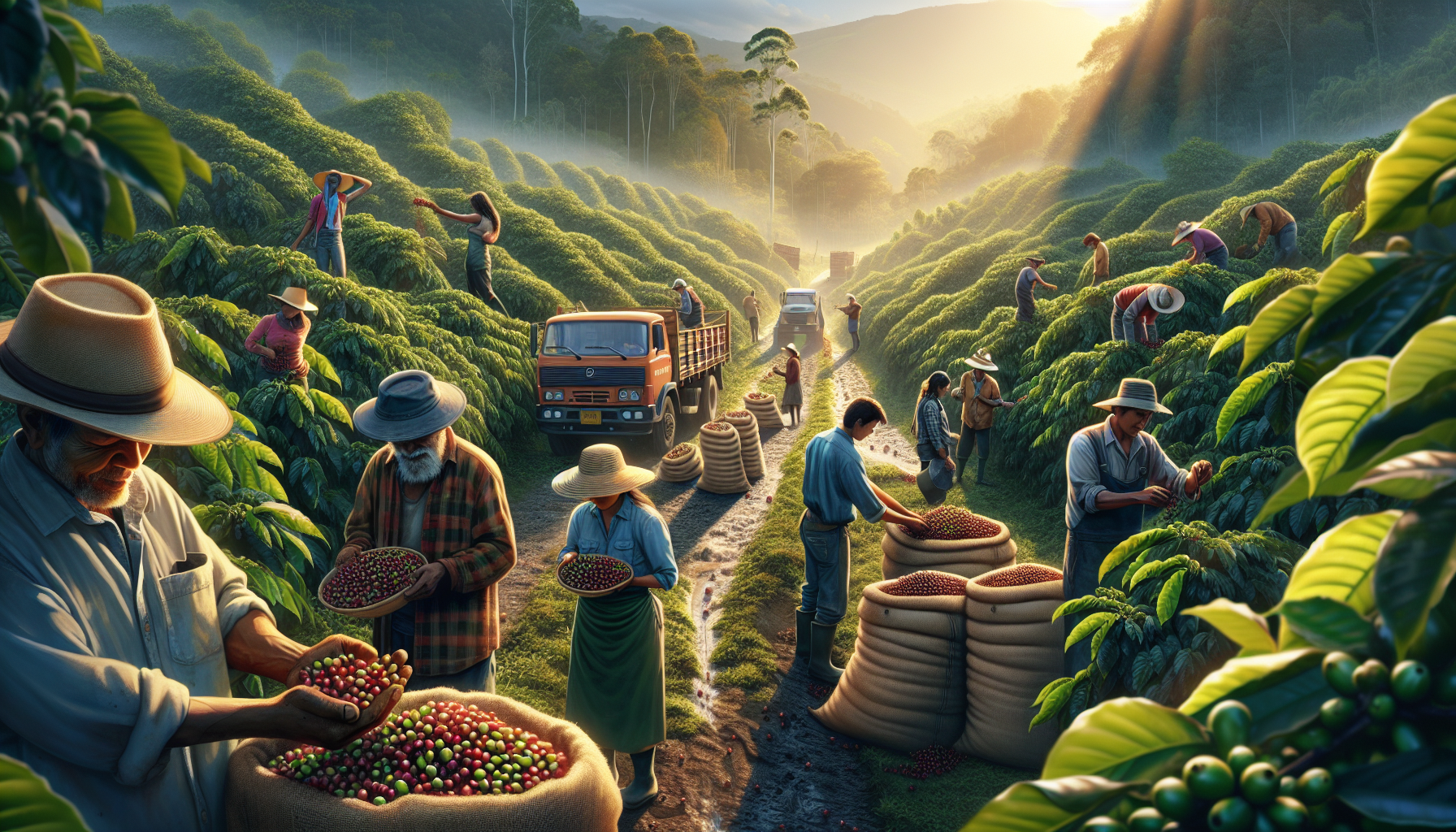 A vibrant coffee plantation scene at sunrise, featuring several laborers harvesting coffee cherries. Some workers are filling large burlap sacks, while others pick cherries directly from lush green bushes. In the background, a truck and another vehicle are parked along a dirt path, and the landscape is illuminated by soft sunlight filtering through the trees.