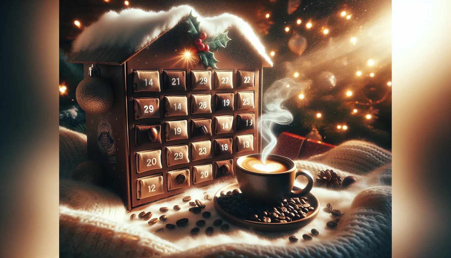 A cozy coffee advent calendar with steaming coffee and roasted beans in a festive setting.