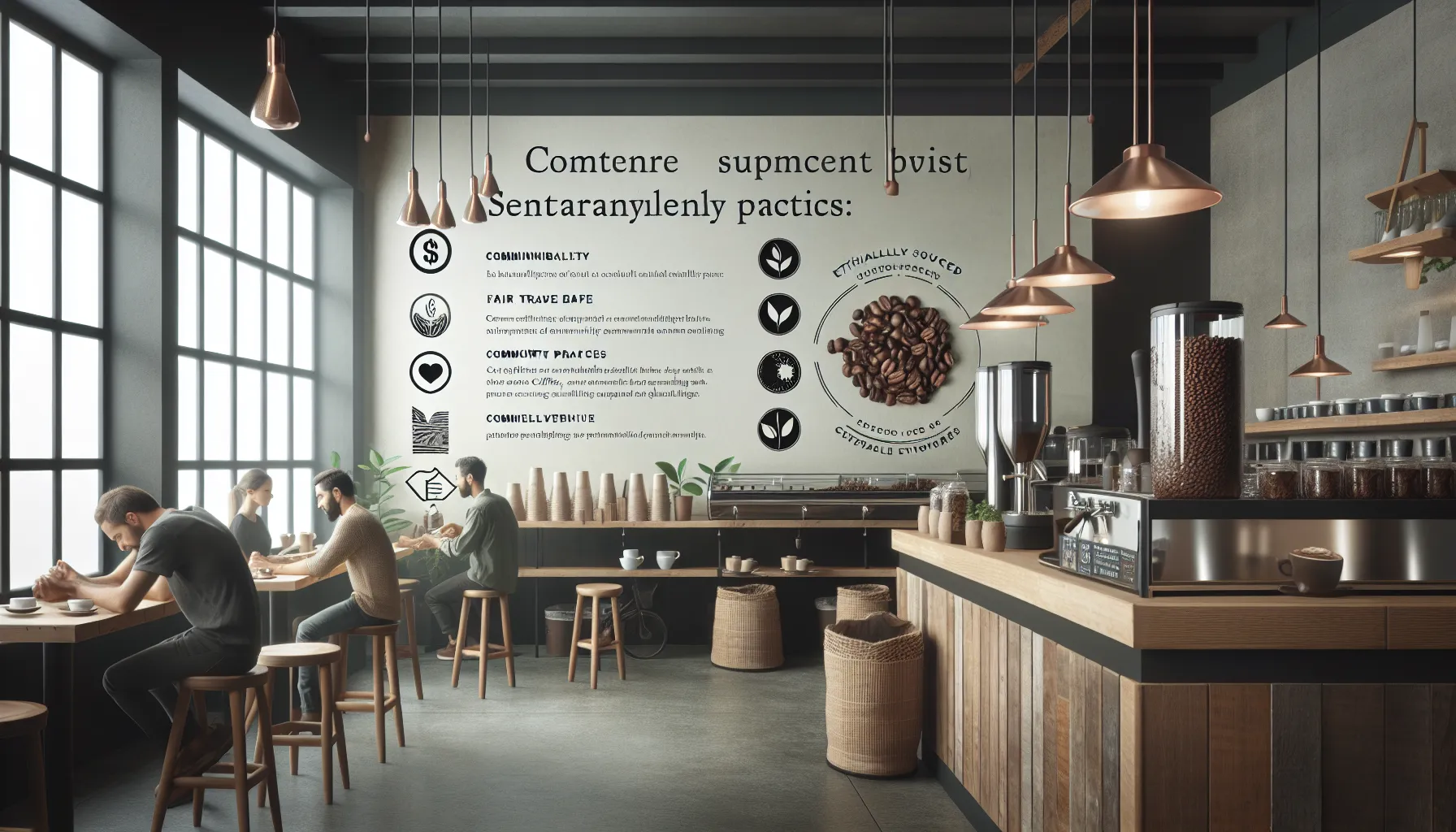 A modern coffee shop interior featuring a large wall with text about sustainable practices, social responsibility, and fair trade. Several customers, including two men and a woman, sit at wooden tables engaging with their devices or enjoying drinks. The space has large windows letting in natural light, wooden accents, and various coffee-related equipment prominently displayed on the counter.