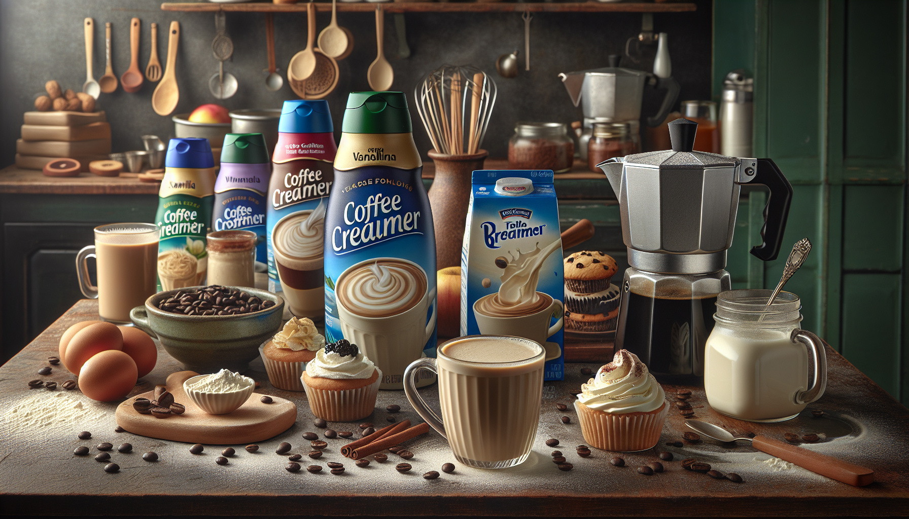 A rustic kitchen countertop displays a variety of coffee-related items, including several containers of flavored coffee creamers, a glass of coffee, and a bowl of coffee beans. There are three eggs, a cupcake with frosting, a small bowl of flour, and scattered coffee beans. Also visible is a silver stovetop espresso maker, a jar of cream, and a wooden spoon, creating a warm, inviting atmosphere.