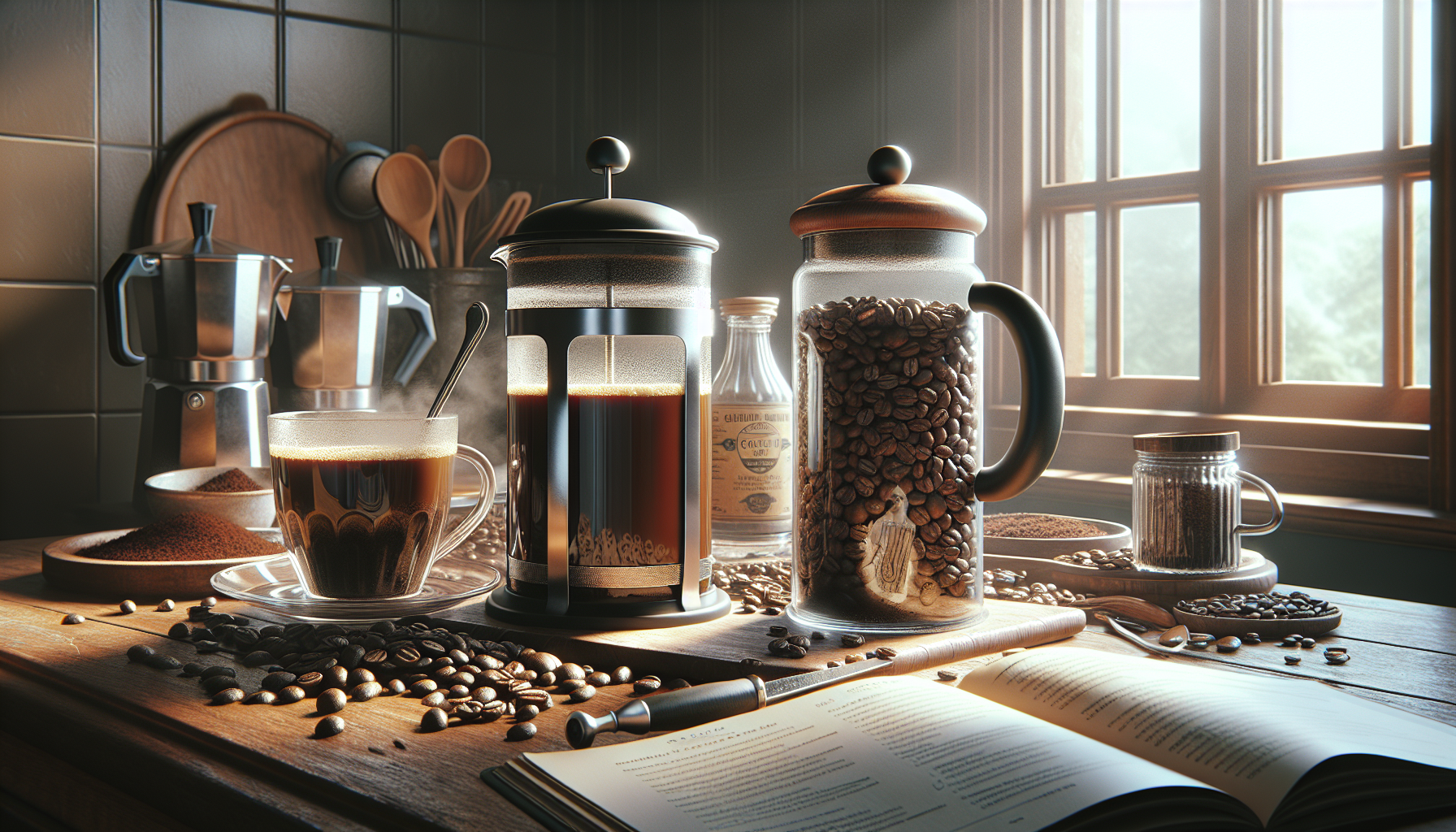 A cozy kitchen scene featuring a steaming cup of coffee on a saucer, with a French press brewmaker beside it filled with freshly brewed coffee. Nearby, a glass jar is filled with whole coffee beans, and a bottle of milk sits in the background. Coffee grounds and scattered coffee beans are spread across a wooden countertop, along with an open book and a spoon, all illuminated by soft morning light coming through the window.