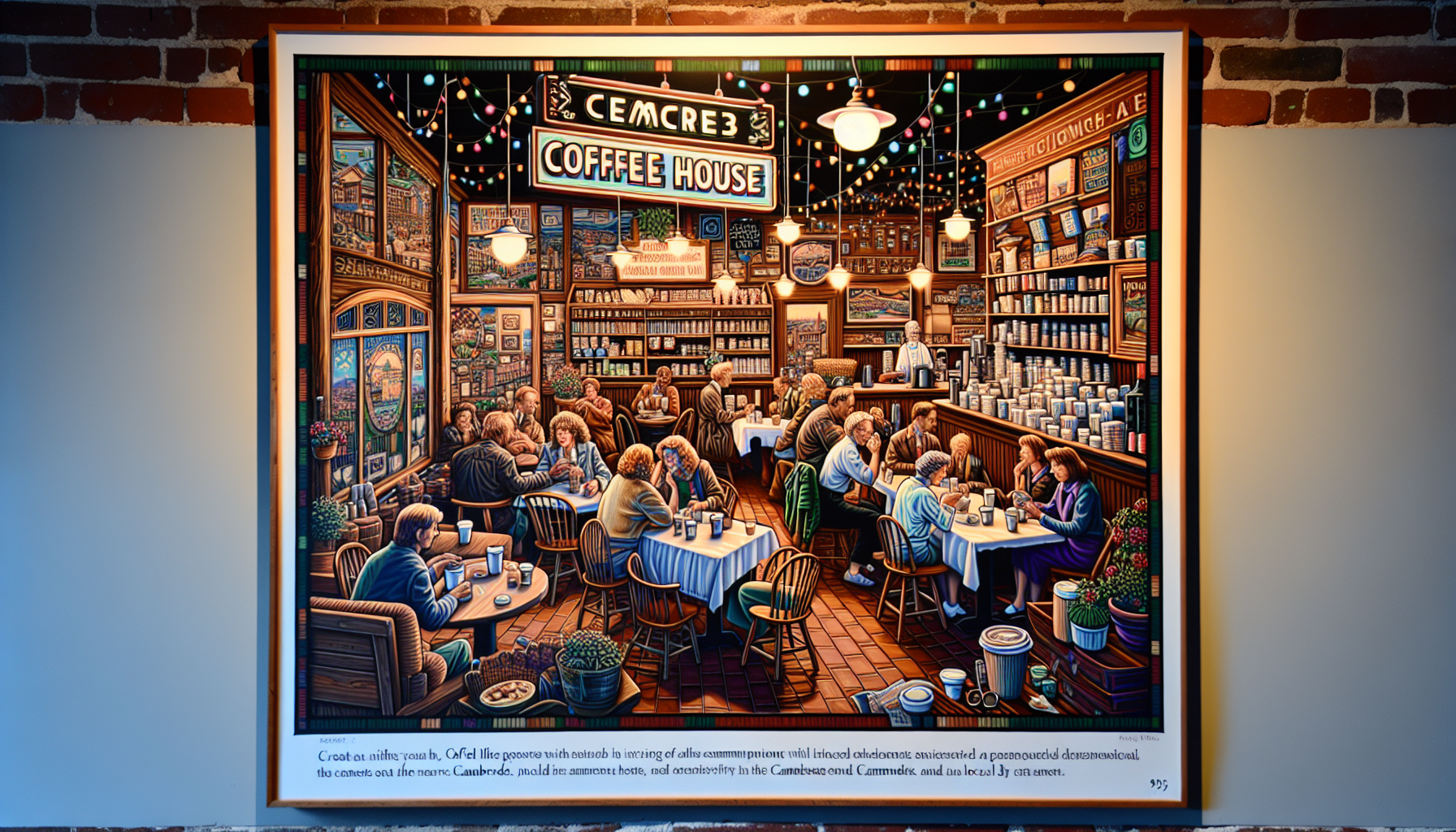 A vibrant artwork depicting a bustling coffee house filled with patrons engaged in conversation at tables, framed by shelves of coffee supplies and warm, inviting lighting. The scene captures a cozy and lively atmosphere, featuring a barista serving customers, surrounded by colorful decorations and plants.