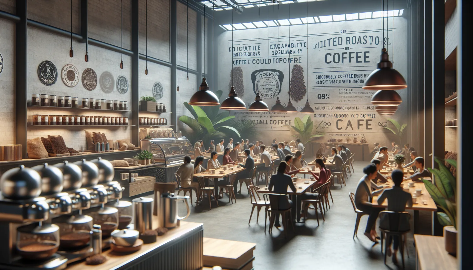 A bustling café interior with large windows allowing natural light, featuring wooden tables filled with people engaged in conversation. The walls are adorned with coffee-themed artwork and shelves lined with jars and coffee-related items. Stylish pendant lights hang from the ceiling, and large leafy plants add a touch of greenery to the space.