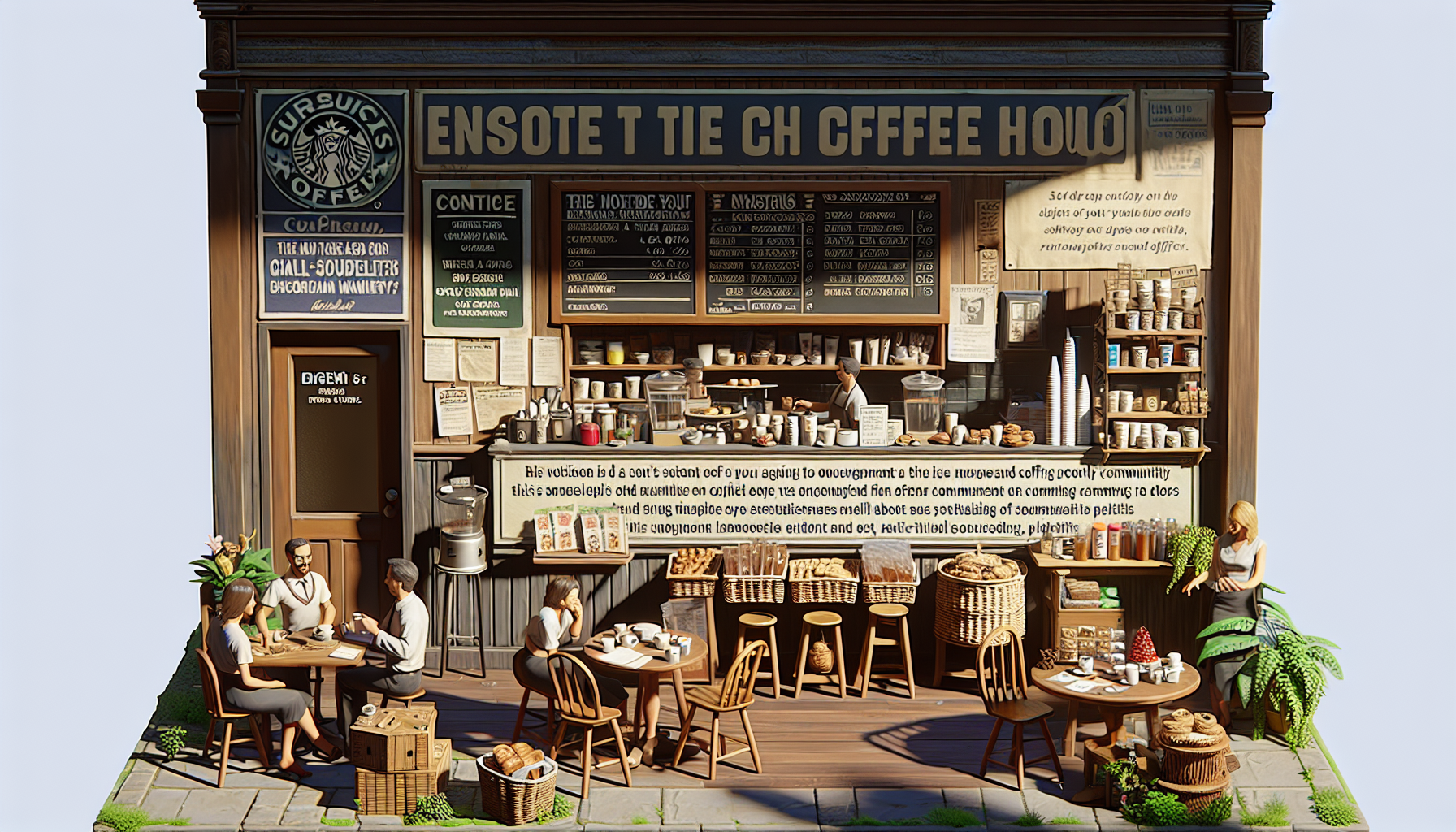 A cozy coffee shop exterior featuring a rustic wooden facade, a large sign reading 