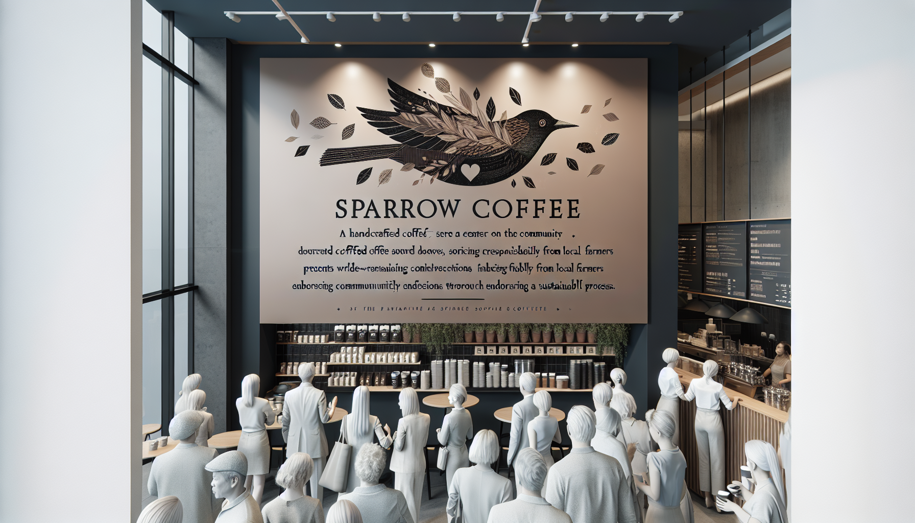 A coffee shop interior featuring a prominent wall mural that reads 