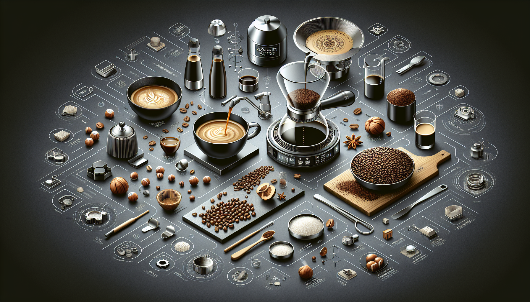 A detailed arrangement of various coffee-making tools and ingredients, including coffee beans, cups of brewed coffee, a coffee grinder, filters, measuring spoons, and decorative elements like star anise and hazelnuts, all set against a dark background with outlined icons illustrating the coffee-making process.