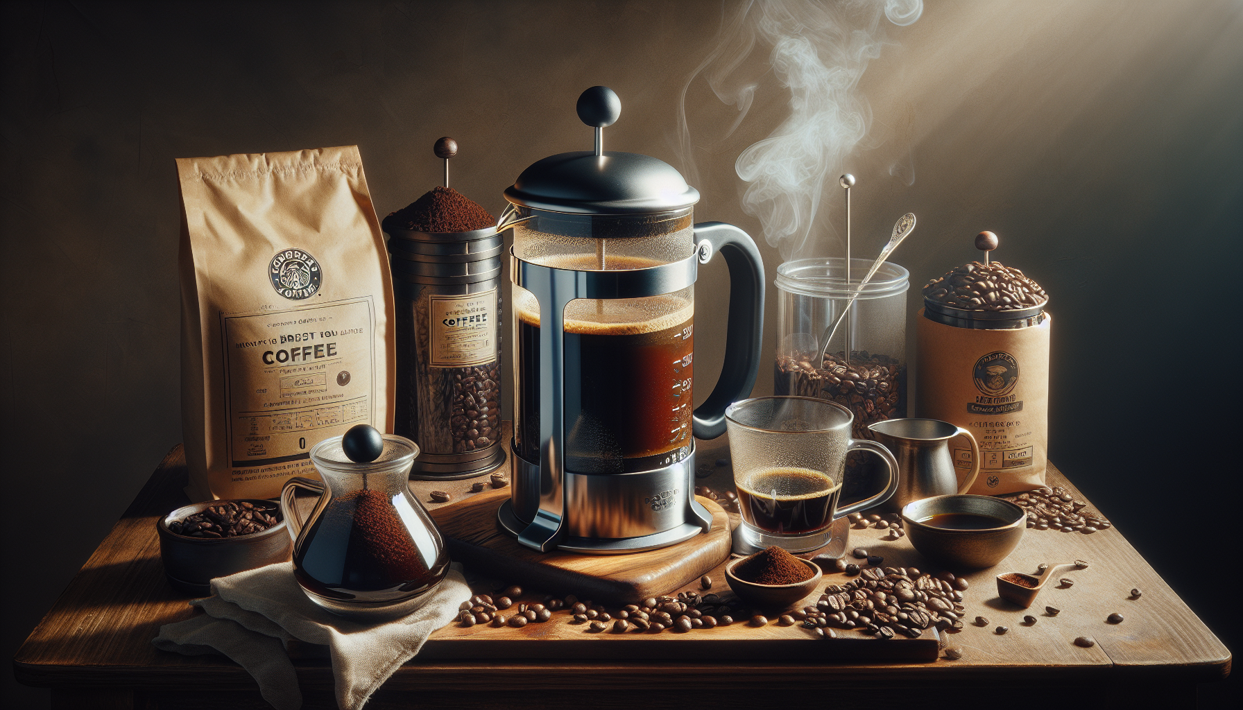 A French press filled with brewed coffee sits on a wooden table, surrounded by various coffee-related items including bags of coffee, glass jars of beans, a small jug, a cup, and scattered coffee beans. Steam rises from the French press, creating a warm, inviting atmosphere.