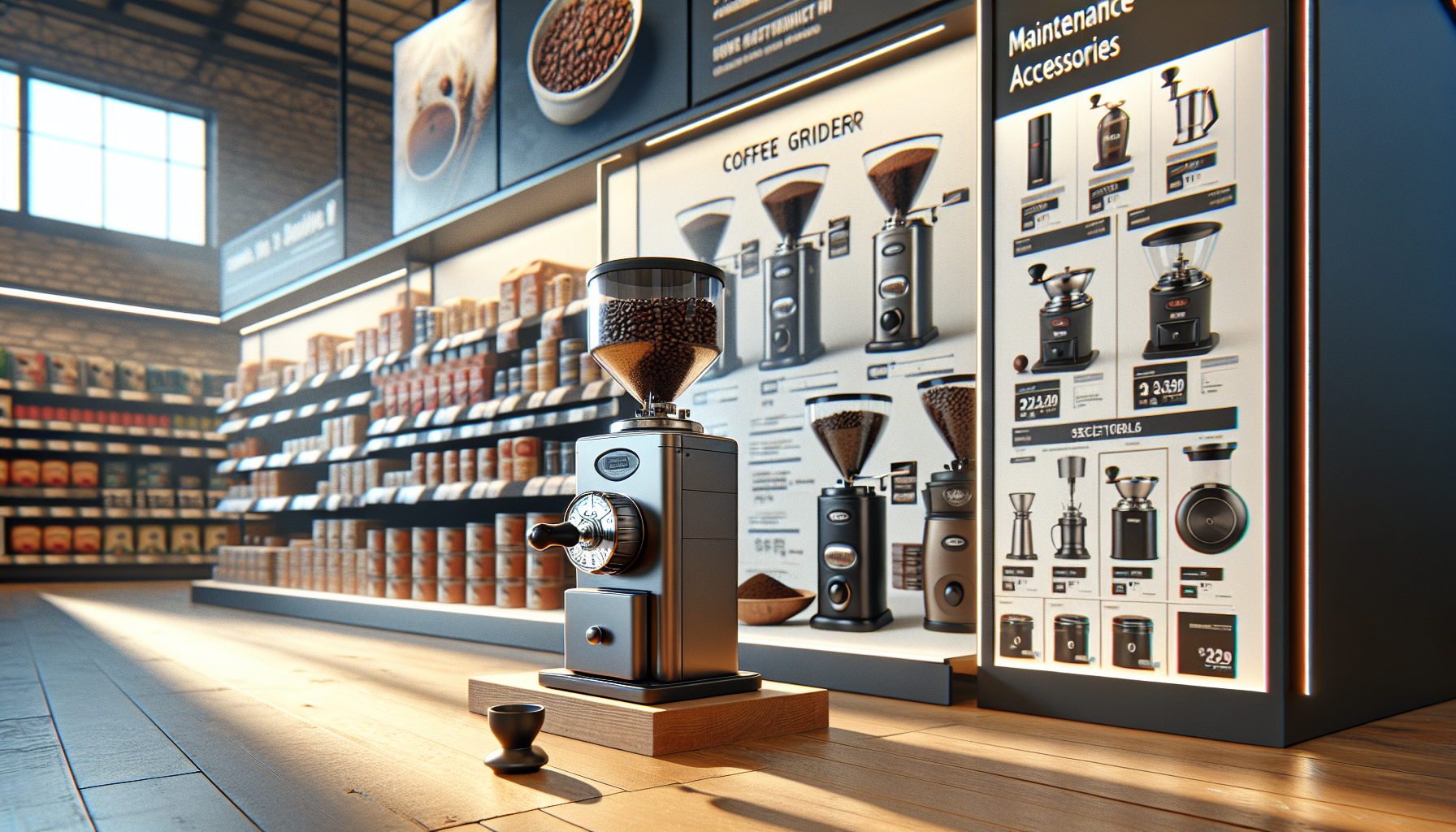 A vintage-style coffee grinder sits prominently in a well-lit coffee shop, surrounded by neatly arranged shelves filled with various coffee products and accessories. Behind the grinder, a display board showcases different models of coffee grinders and maintenance accessories with prices and specifications. The floor is made of polished wood, adding to the warm ambiance.