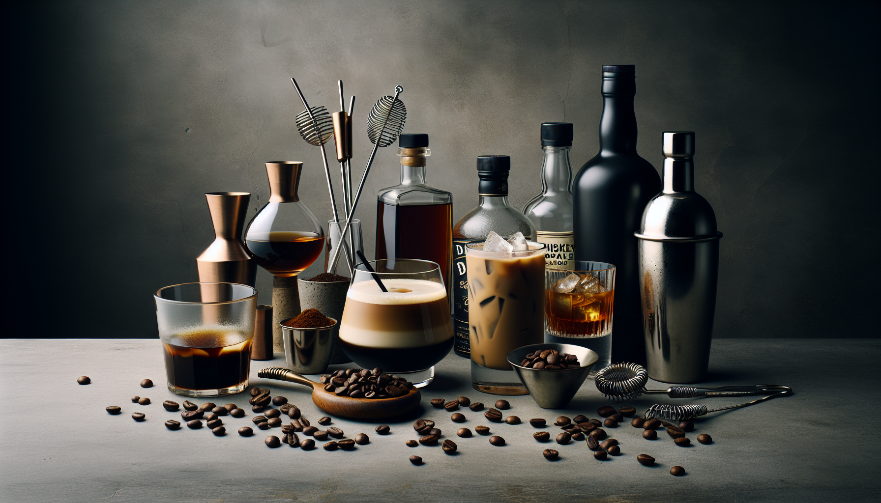 A collection of various alcoholic beverages and coffee-related items arranged on a gray surface. The assortment includes glassware filled with drinks, a cocktail shaker, bottles of liquor, coffee beans scattered around, and a bowl with ground coffee. The scene is lit dramatically, highlighting the rich colors and textures of the ingredients.