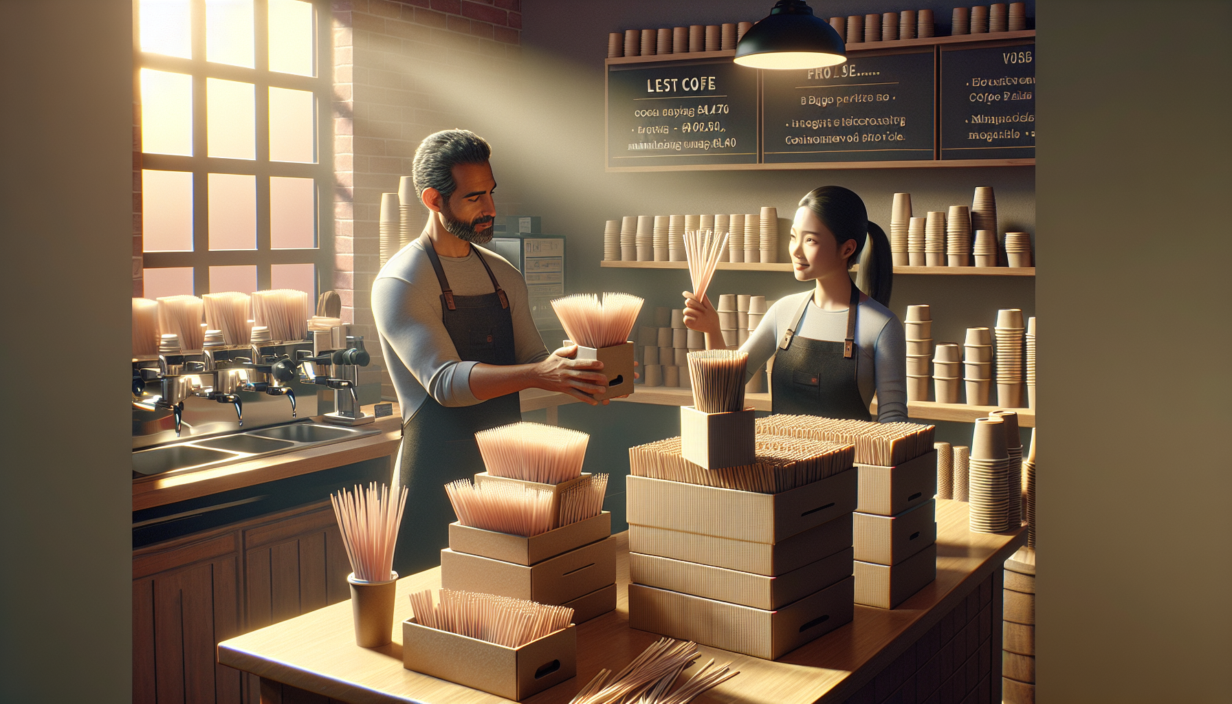 A male and female barista are engaged in conversation inside a cozy café, surrounded by stacks of wooden boxes filled with noodle cups and chopsticks. The interior is warmly lit, highlighting the coffee machines and shelves lined with disposable cups. The male barista, wearing a fitted shirt and apron, holds a box of chopsticks while the female barista smiles and holds another box, both focused on their task.