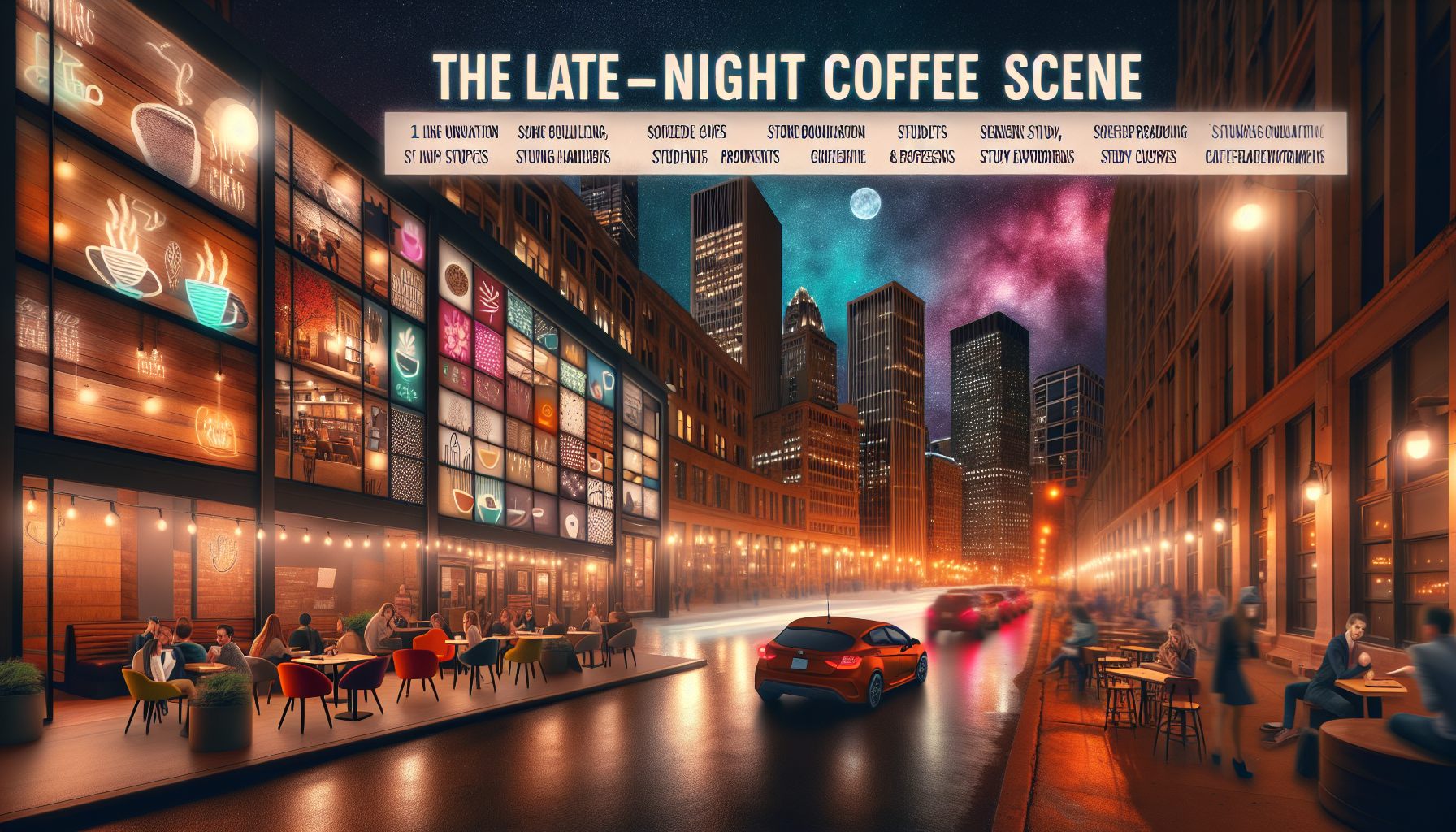 A vibrant late-night city scene featuring a bustling coffee shop area with outdoor seating, illuminated by string lights. The shop's walls are adorned with colorful coffee-related signage. Patrons are seen engaged in conversation and studying at tables, while cars move along a wet street reflecting the city lights. In the background, tall buildings rise against a starry night sky with a visible moon.