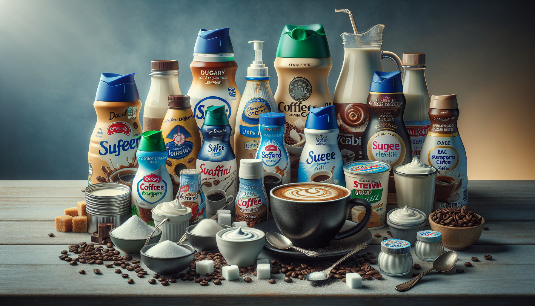 A diverse assortment of coffee creamers, milk, and sweeteners arranged on a wooden surface, with a large black cup of coffee in the foreground, decorated with a cream swirl. Near the cup are various containers of sugar, cream, and coffee beans, creating a cozy coffee shop aesthetic.