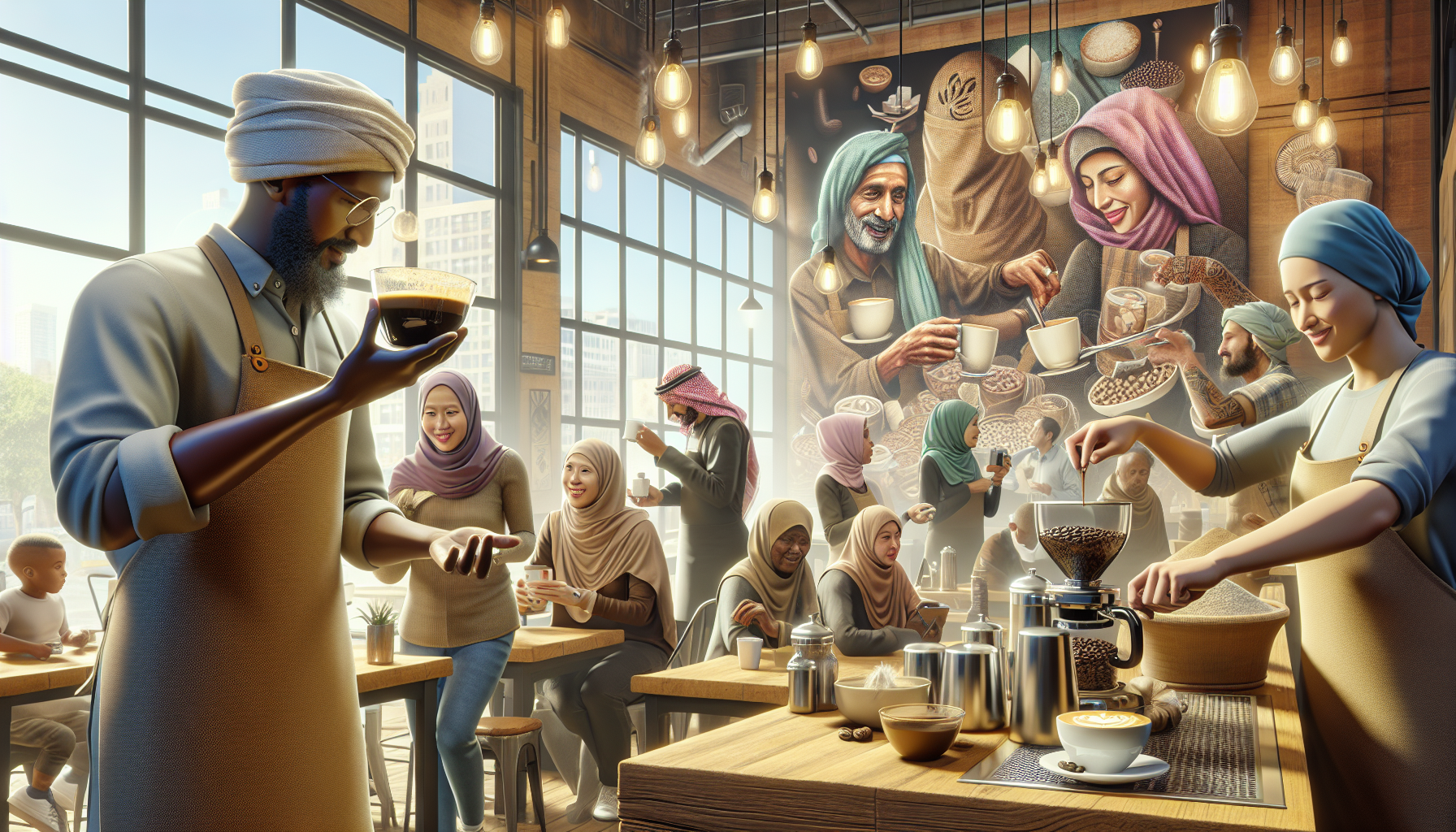 A vibrant café scene showcasing a diverse group of people engaged in coffee preparation and enjoyment. A man with a beard examines a cup of coffee, while a woman in a headscarf smiles nearby. Several others are chatting, pouring coffee, and working with coffee beans in a warm, inviting atmosphere filled with natural light and hanging lights. A large mural depicting individuals enjoying coffee adds to the ambiance.