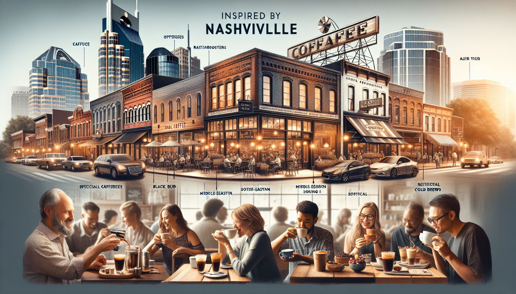 A vibrant street scene inspired by Nashville, featuring a mixture of modern skyscrapers and historic brick buildings. The illustration highlights various coffee shops, each bustling with patrons enjoying beverages outdoors. Below, groups of people share a joyful coffee experience at tables, with a focus on community and social interaction. The image includes labeled coffee-themed elements, emphasizing the local café culture.