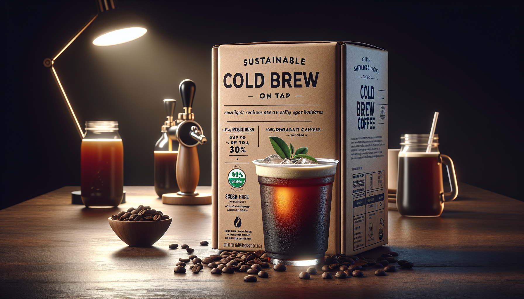 A glass of cold brew coffee filled with ice and garnished with green leaves sits on a wooden table, next to a brown cardboard box labeled 