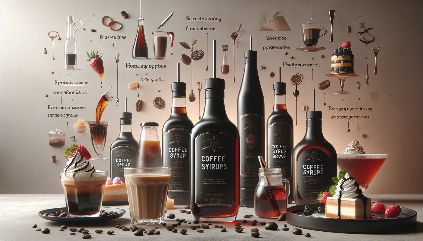 An artistic display of various coffee syrups and beverages on a table, featuring dark glass bottles labeled 