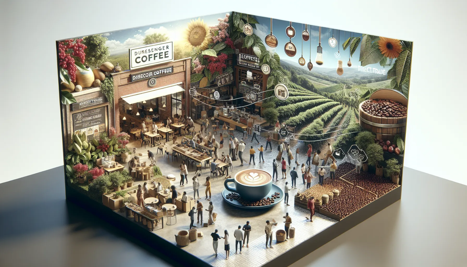 A vibrant, three-dimensional scene depicting a coffee shop titled 