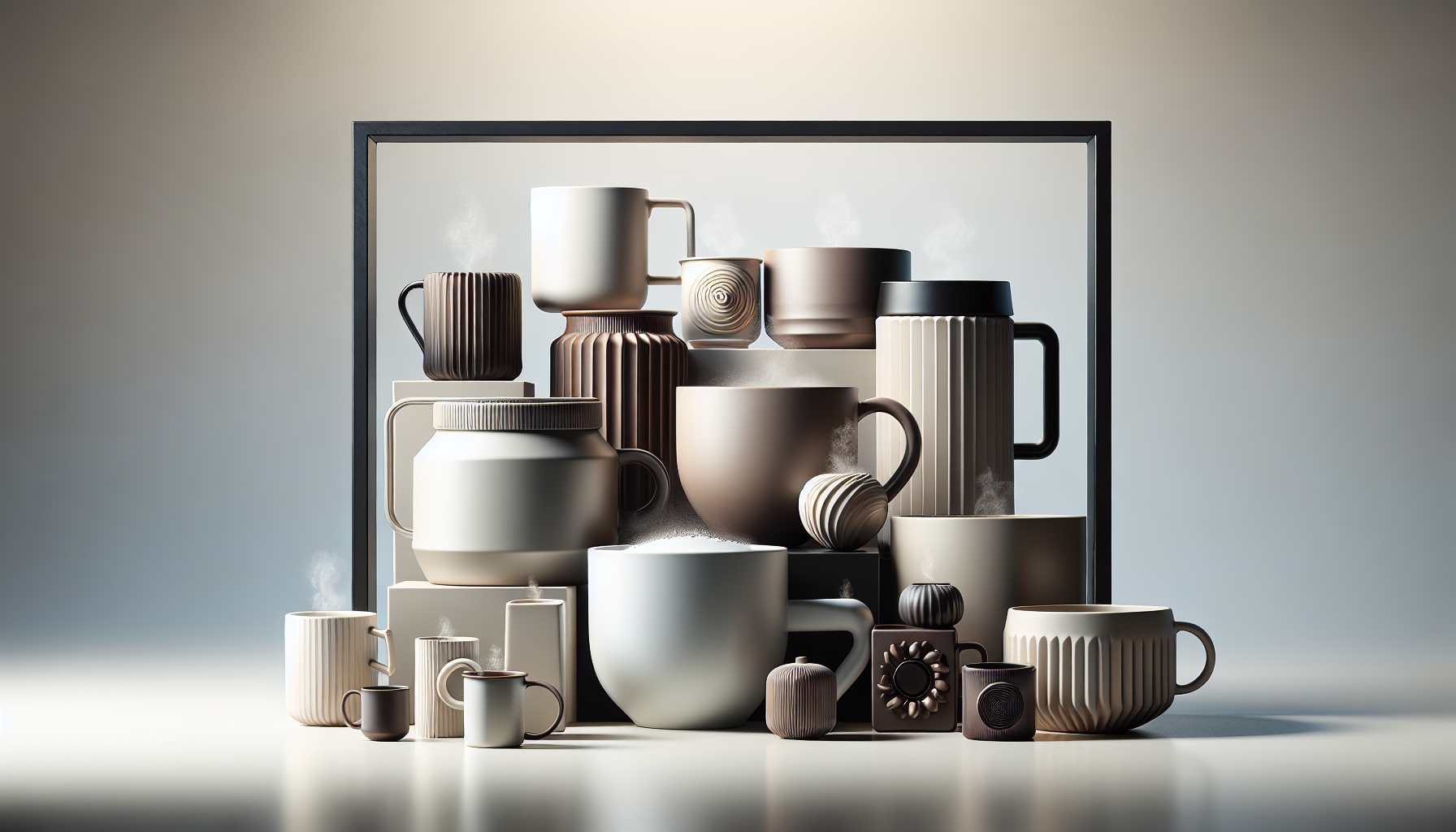 A collection of various coffee mugs and teacups in soft, neutral colors, stacked artistically against a light background. Some cups have steam rising from them, and they feature different textures and patterns, including ribbed and smooth surfaces, creating an inviting and cozy atmosphere.