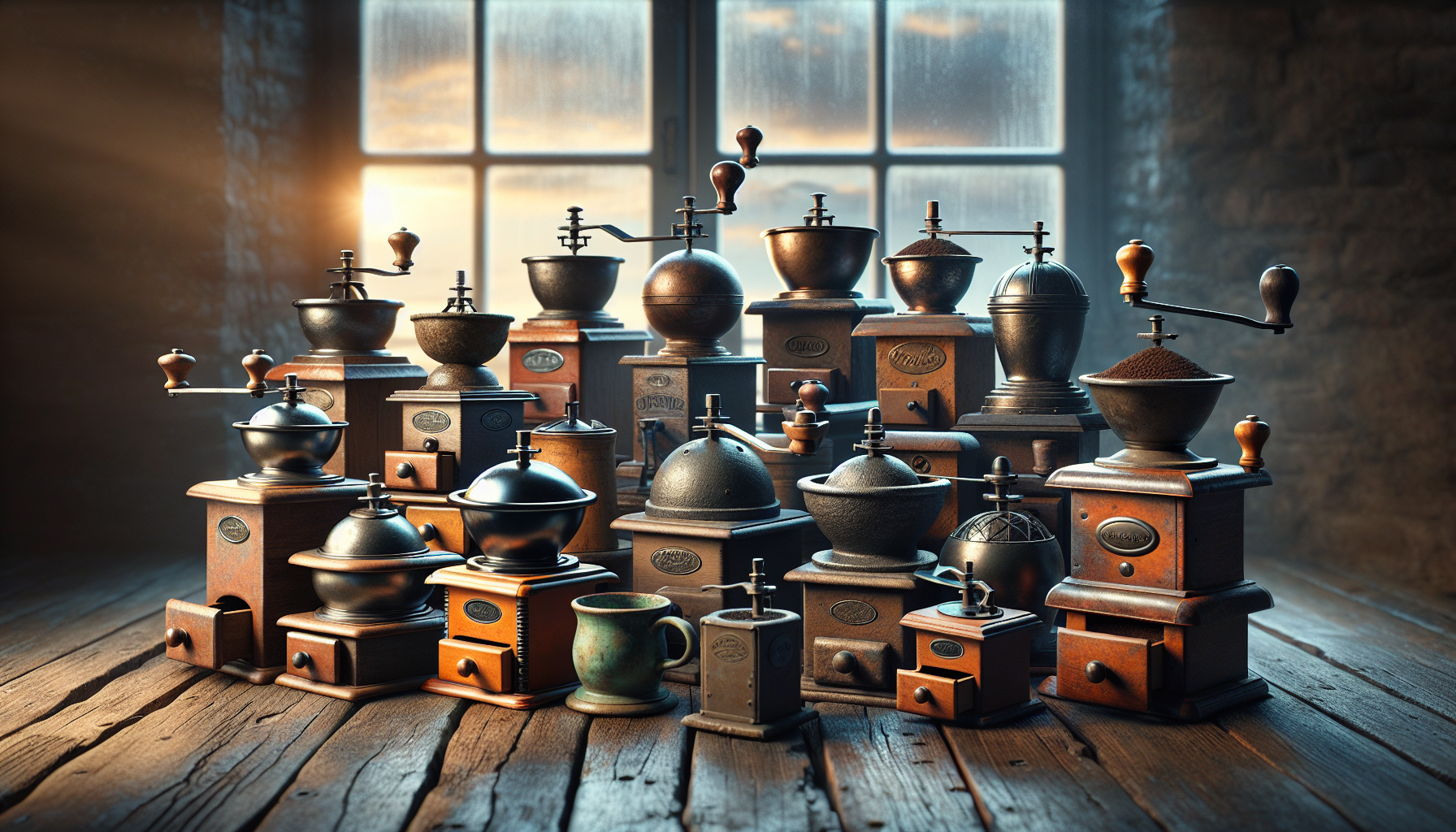 A collection of vintage coffee grinders of various designs and sizes arranged on a wooden surface, with sunlight streaming through a window in the background.