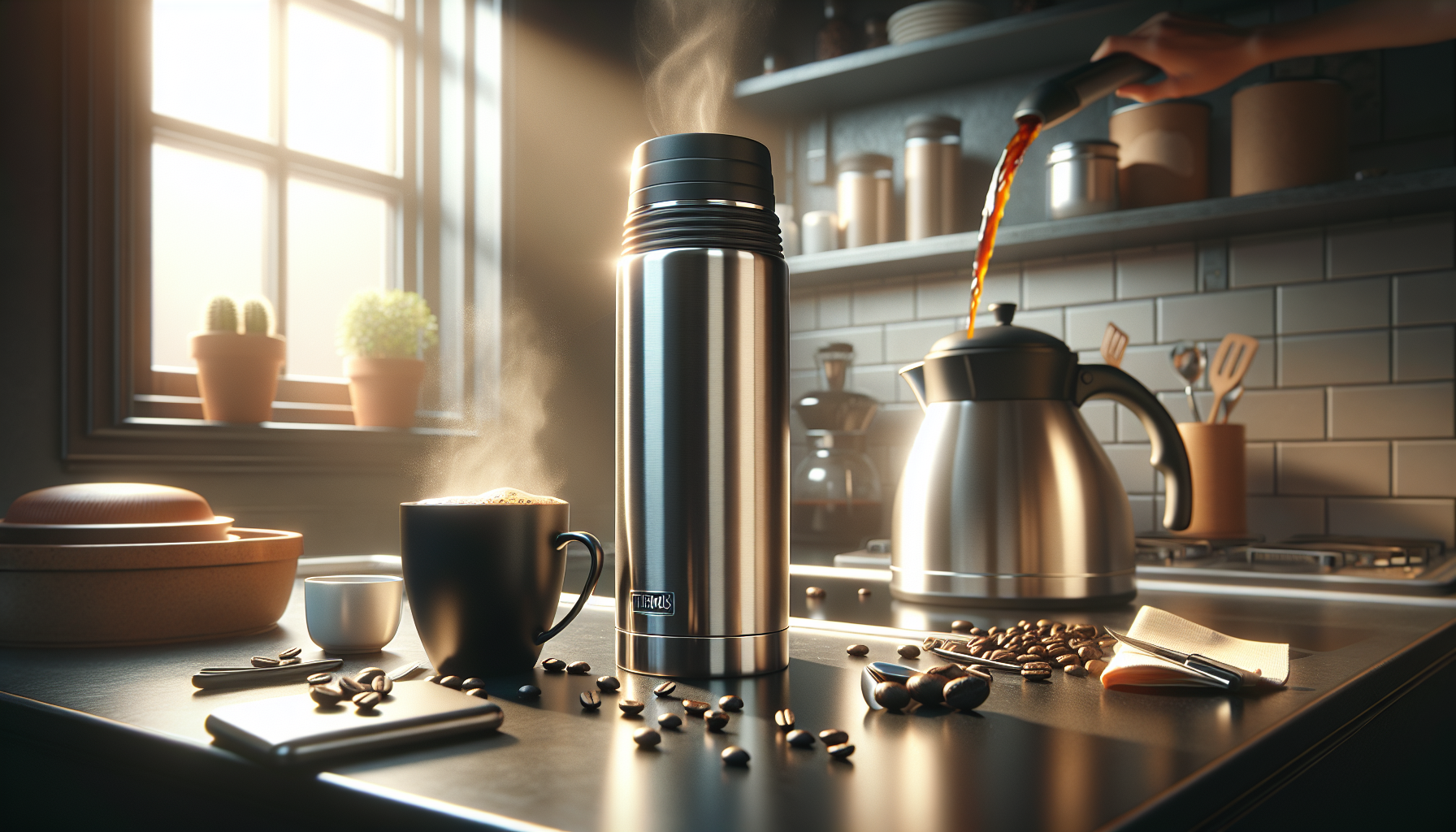 A sleek metallic thermos stands on a kitchen countertop, surrounded by coffee beans, a steaming cup of coffee, and a smaller cup. In the background, a kettle pours hot coffee, with sunlight filtering through a window adorned with potted plants. The warm and inviting atmosphere highlights a cozy coffee preparation scene.