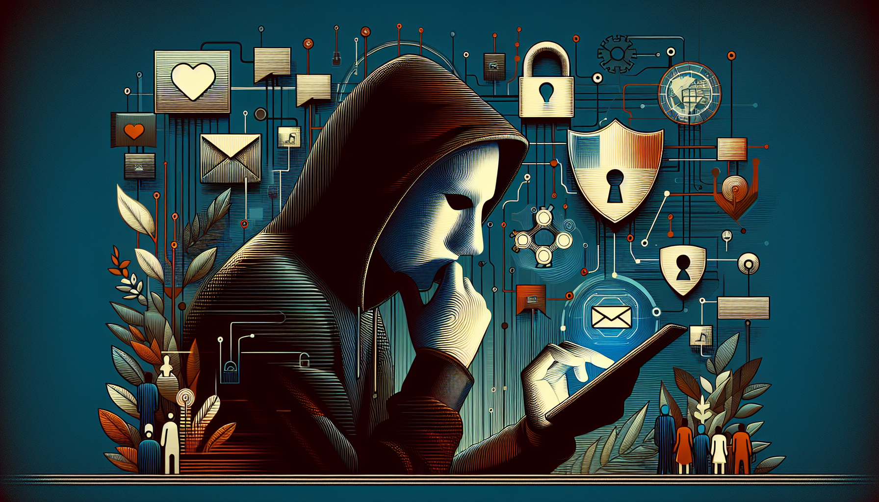 A hooded figure, deep in thought, interacts with a smartphone while surrounded by various digital icons representing security, communication, and technology, including locks, envelopes, and hearts, symbolizing themes of privacy and online interaction.