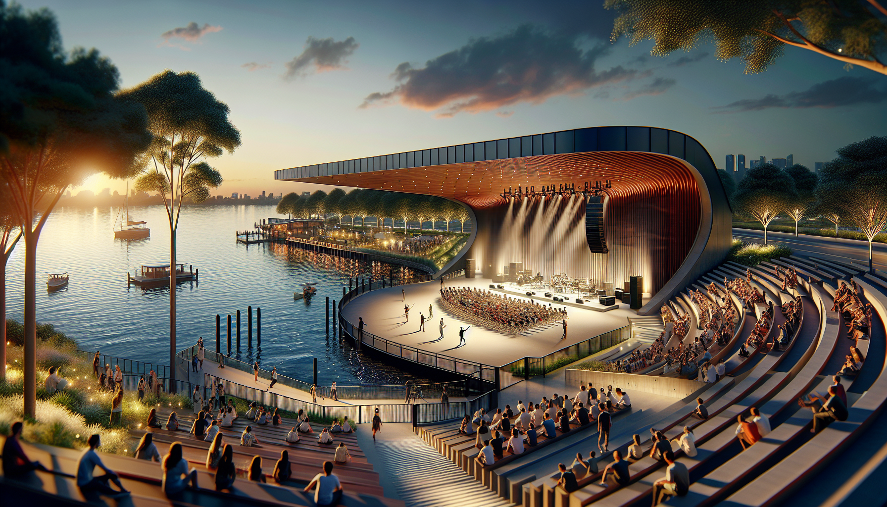 A vibrant outdoor concert venue by the water at sunset, featuring a large stage with performers and an audience seated on tiered seating. Surrounding trees and a calm lake reflect the warm colors of the sky, while boats are visible on the water. People gather on pathways and in the nearby greenery, contributing to the lively atmosphere.