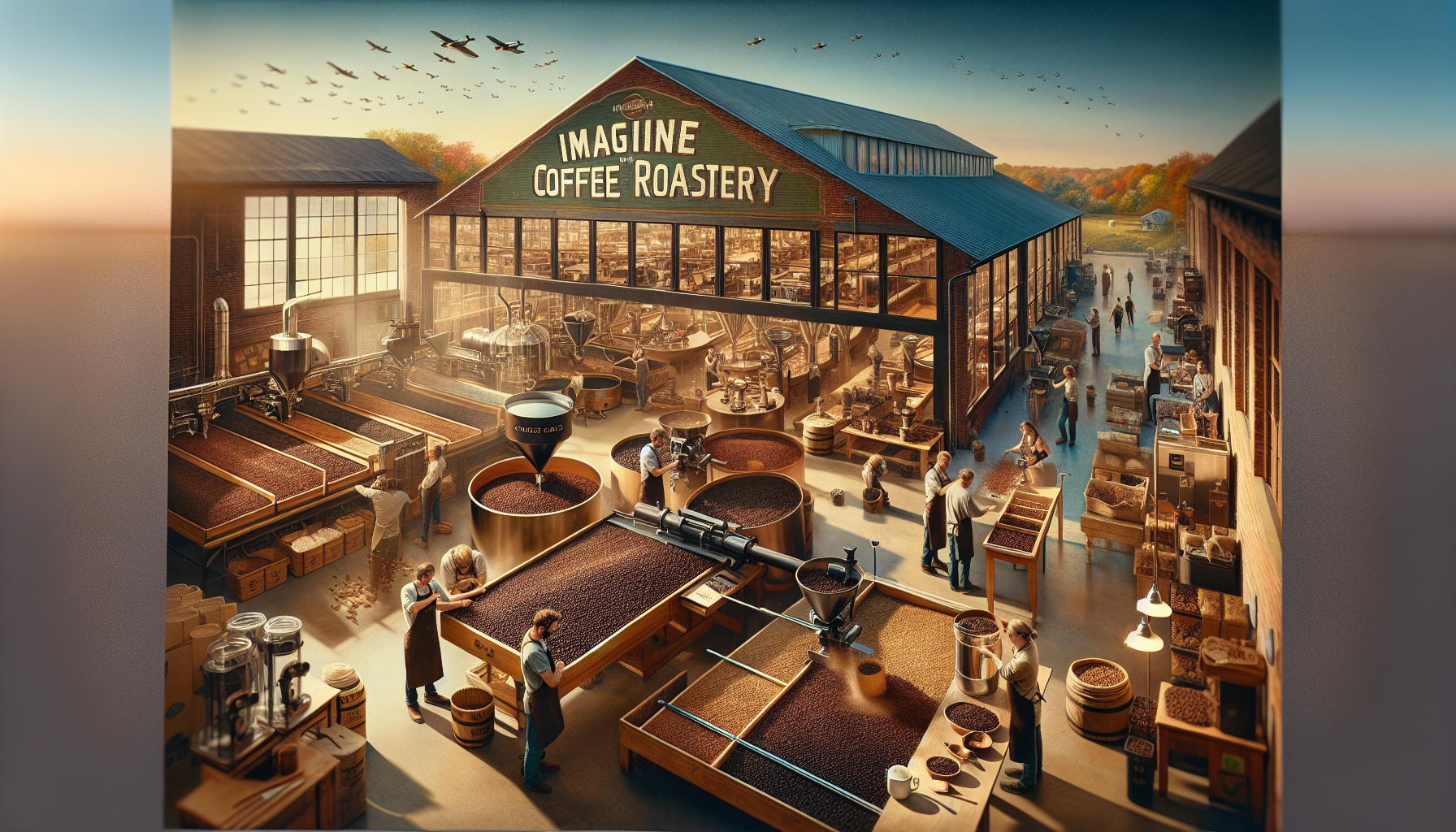 A bustling coffee roastery interior with multiple workers engaged in various tasks, including sorting and roasting coffee beans. The space features large open areas, wooden tables, and sorting trays filled with beans, along with machinery and storage barrels. Large windows illuminate the scene, and the exterior shows colorful trees in the background and airplanes flying overhead. The sign above reads 